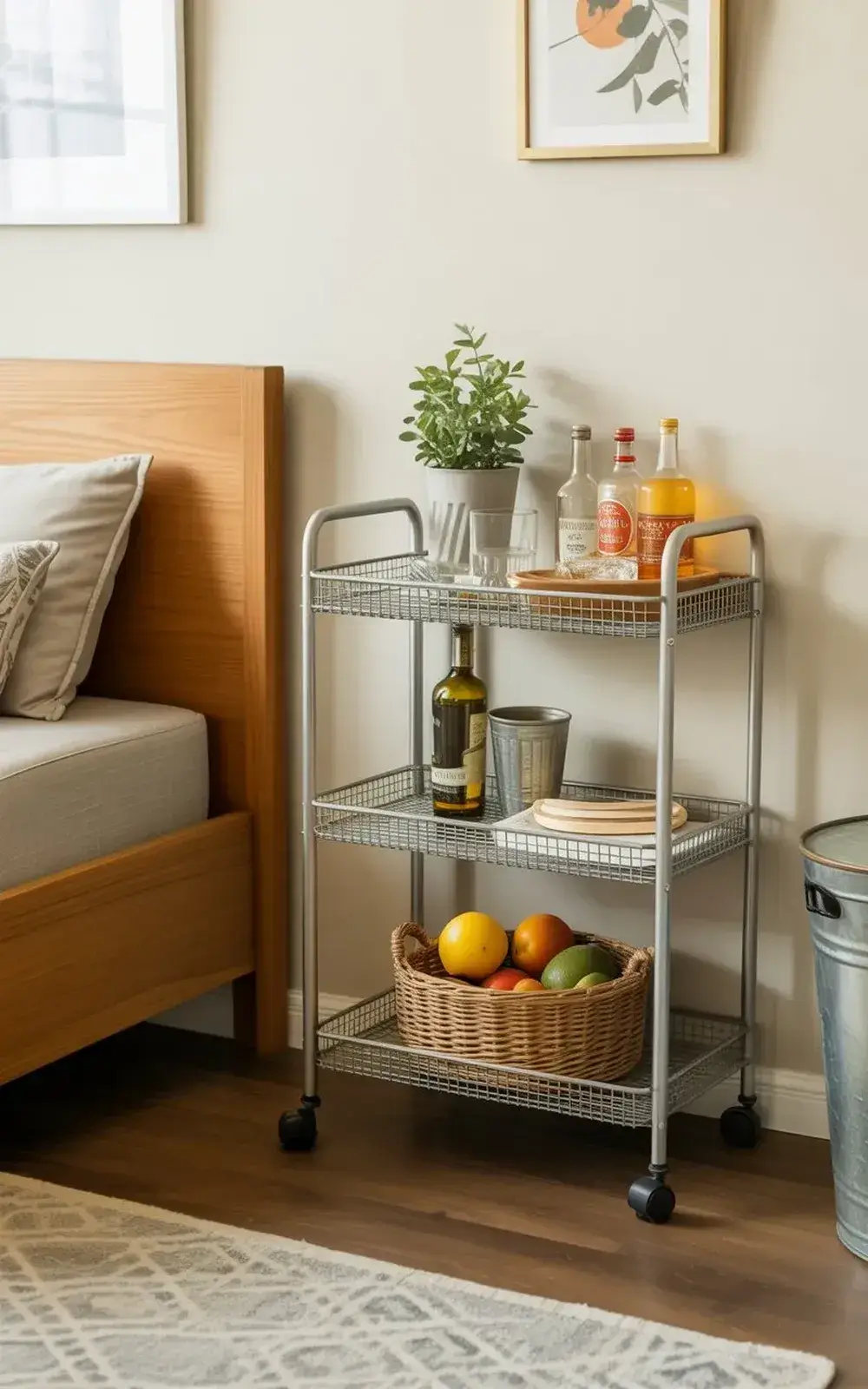 A rolling three-tier metal shelving unit beside a wooden headboard, decorated with wine bottles, glasses, a plant, and a basket of fruit on a wooden floor.