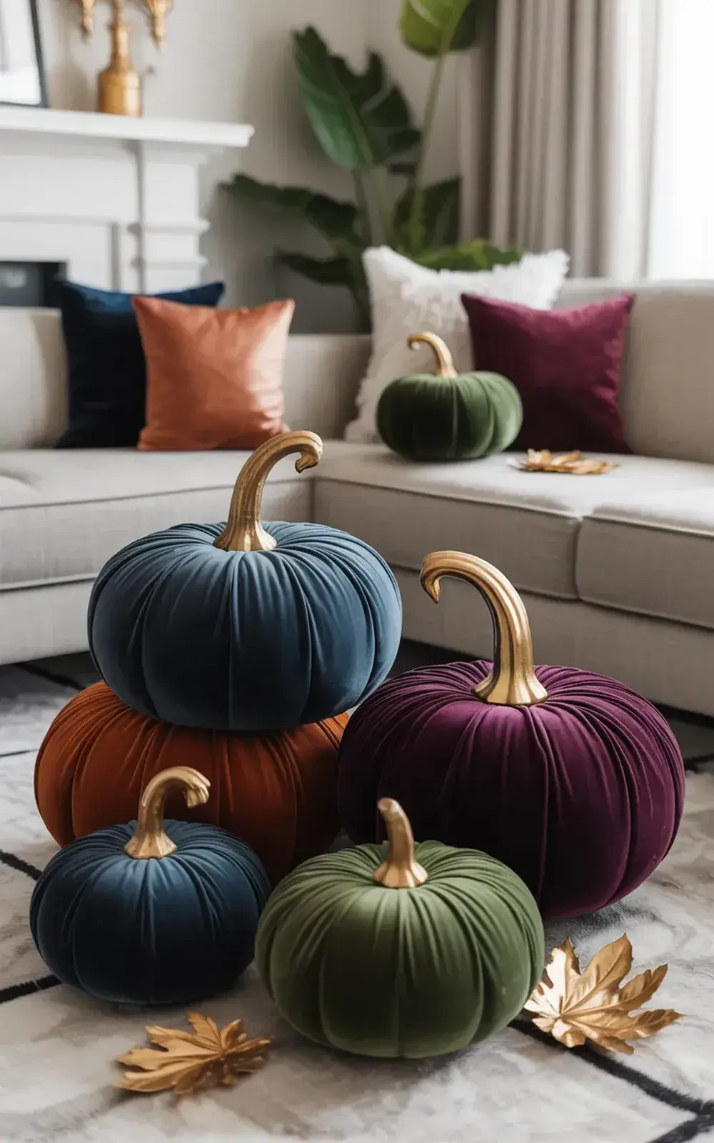 Gray, navy, orange, green, and plum velvety decorative pumpkins with gold stems on a living room floor with seasonal decorations.