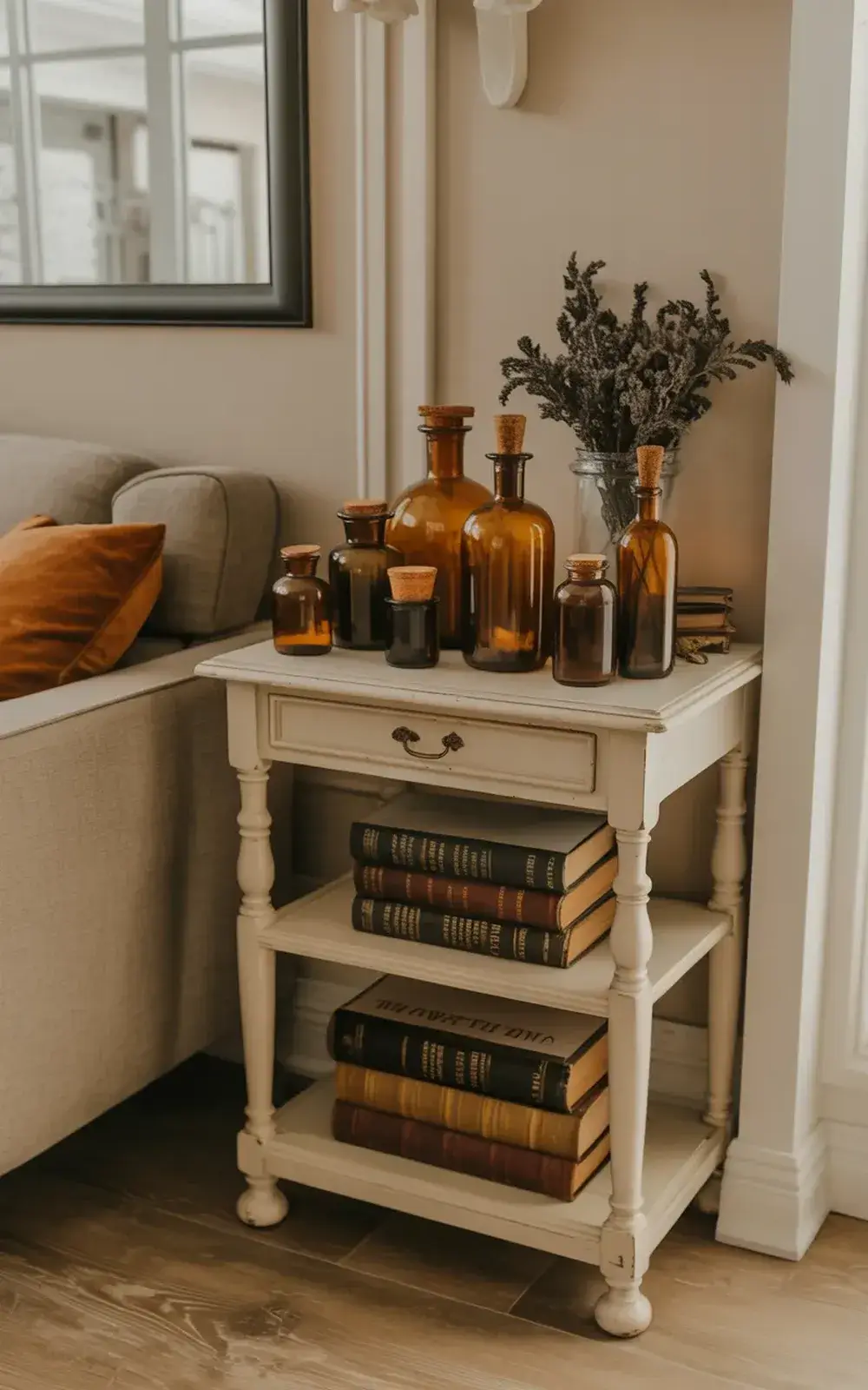 White side table with books, various bottles, and dried flowers against a wall with a mirror.