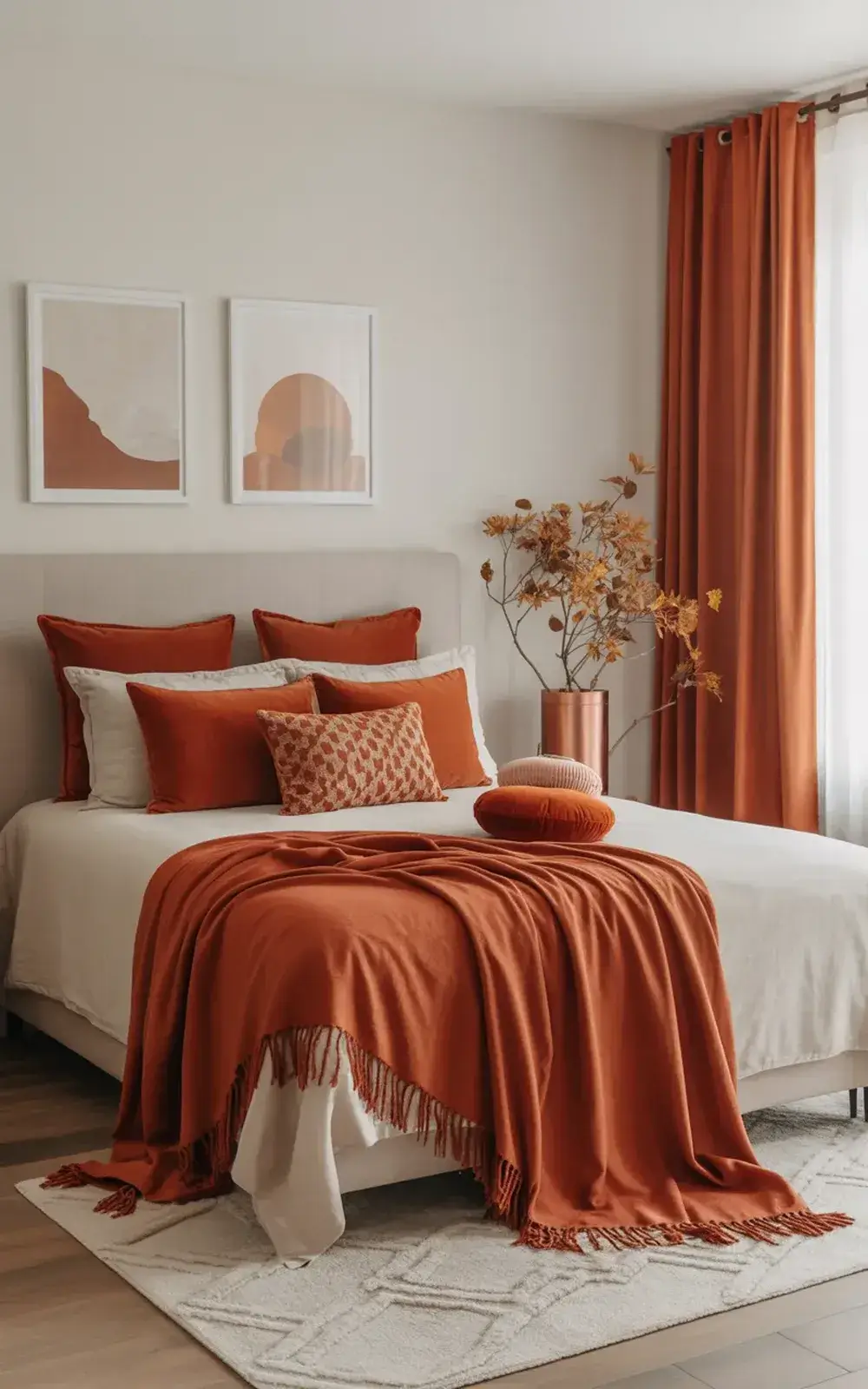 Bedroom with white bedding, terracotta decorative accents, and a vase with dried flowers.