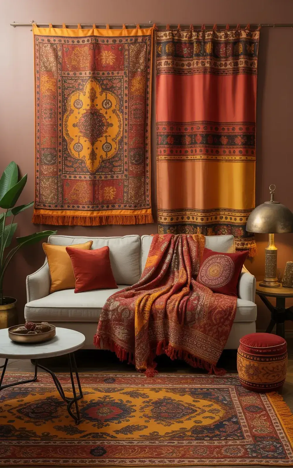 Luxurious, warm-toned living room with intricate patterned textiles and cozy seating.
