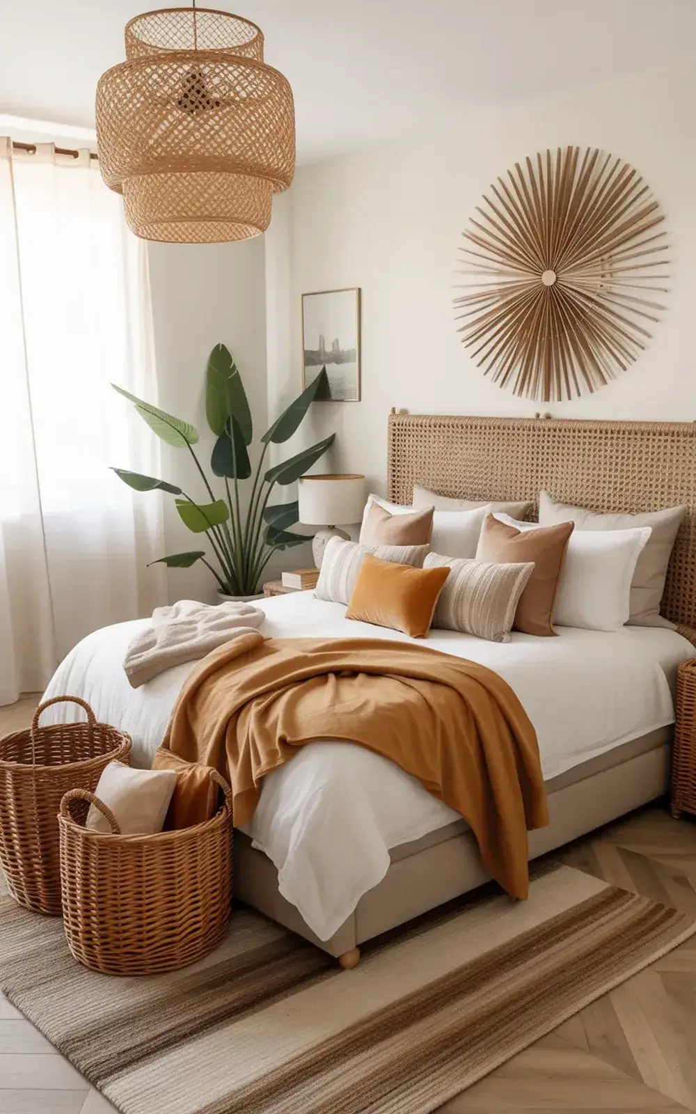 Neutral bedroom with woven headboard, large plant, woven baskets, and warm-toned bedding.