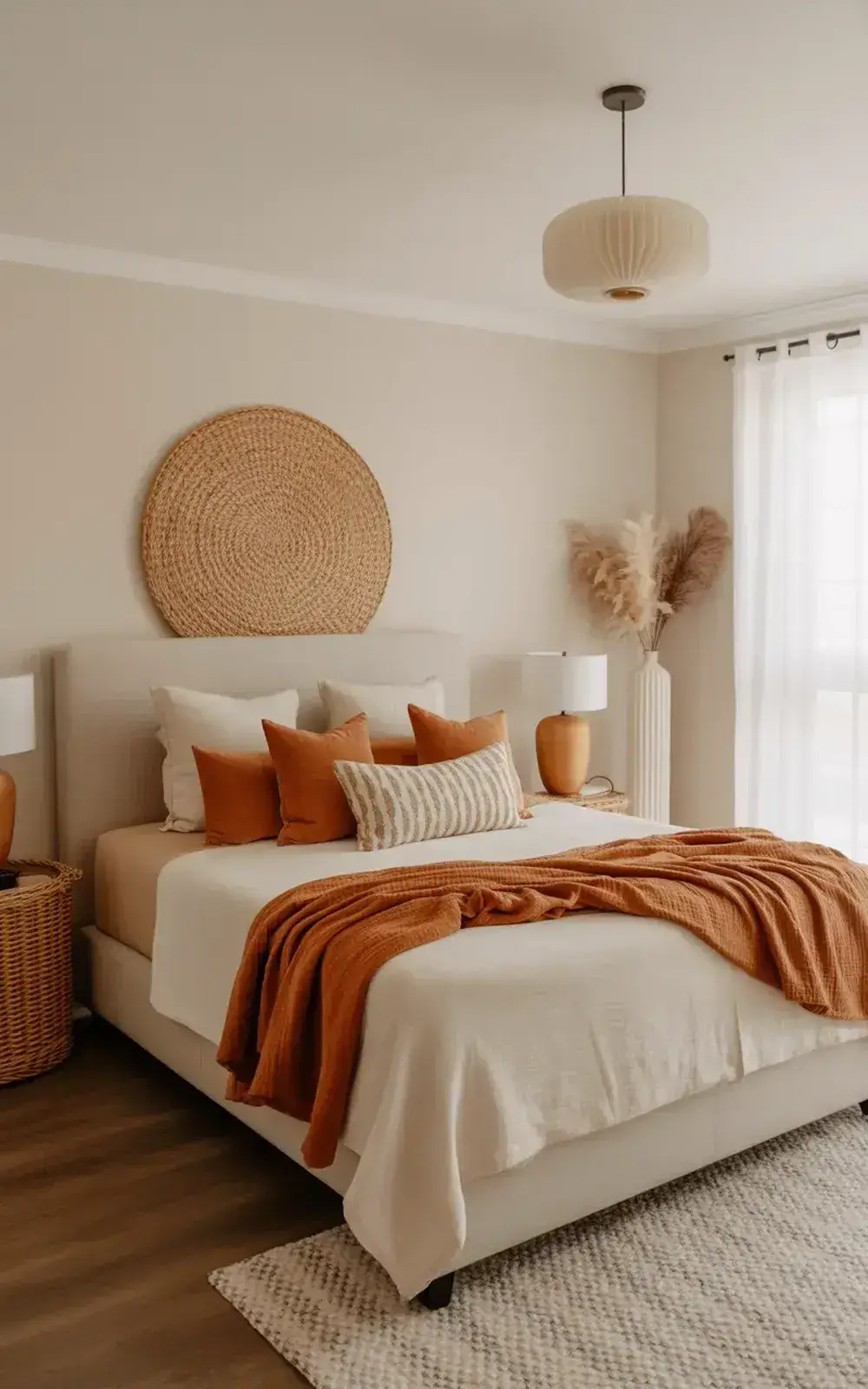 Neat bedroom with a white bed, orange and patterned pillows, a woven wall decoration, and a light fixture above.