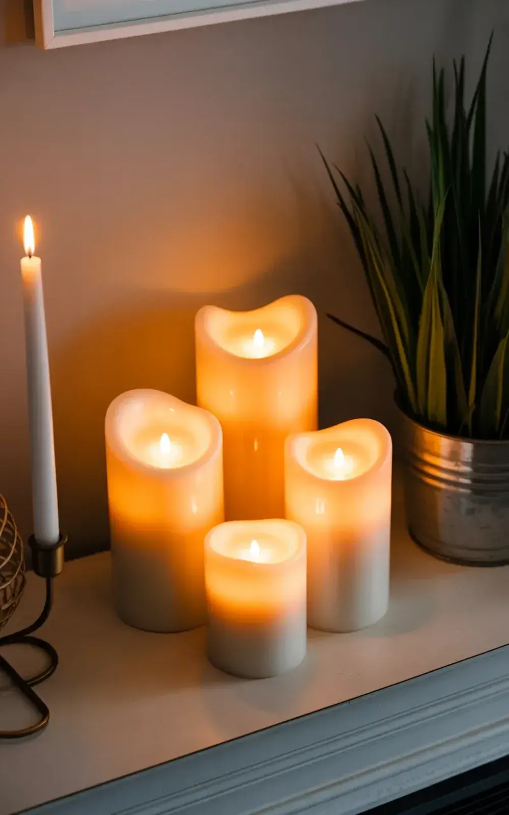Four lit pillar candles and one lit taper candle with a potted plant nearby.