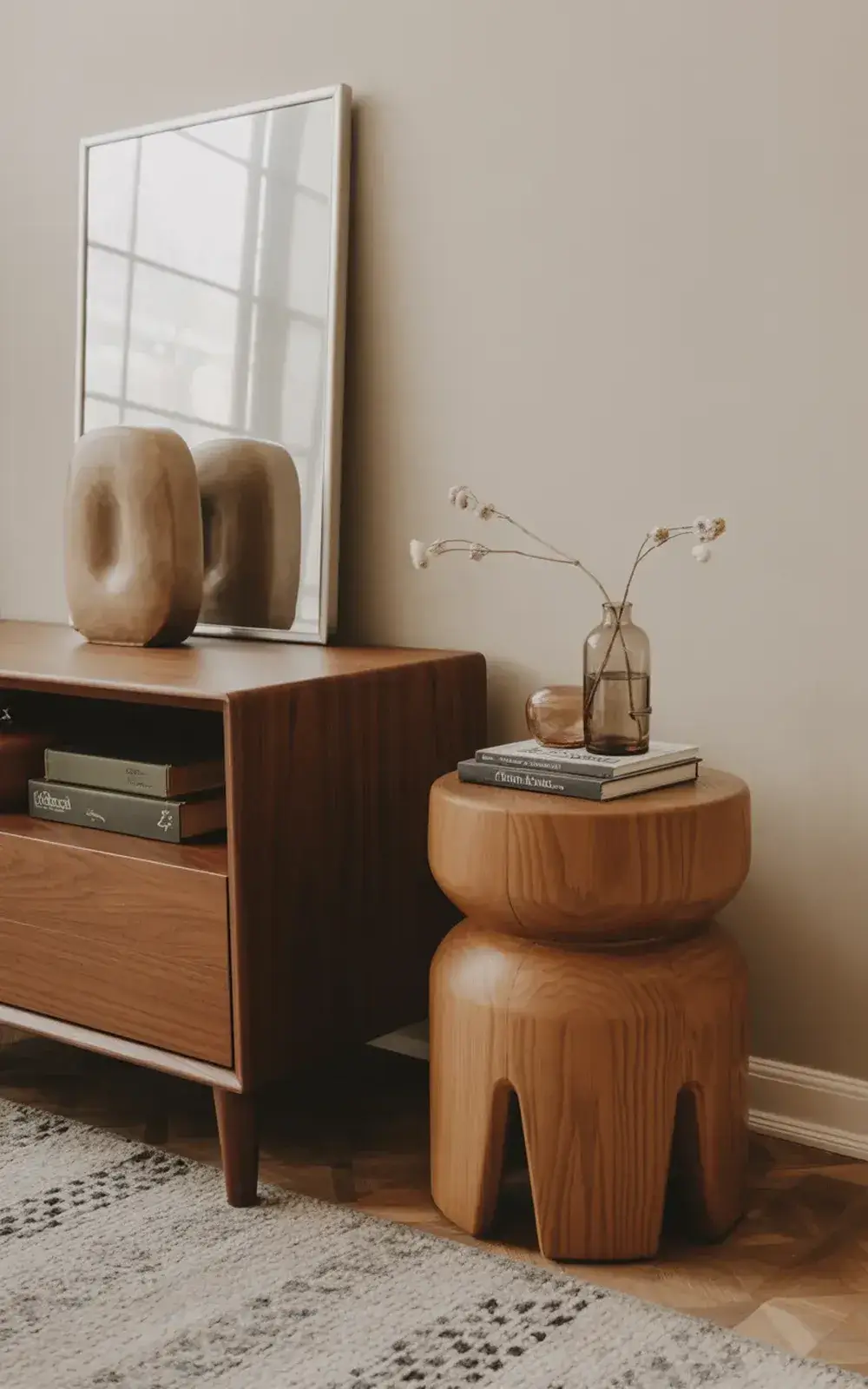Wooden living room decor with a vase of dried flowers and books.