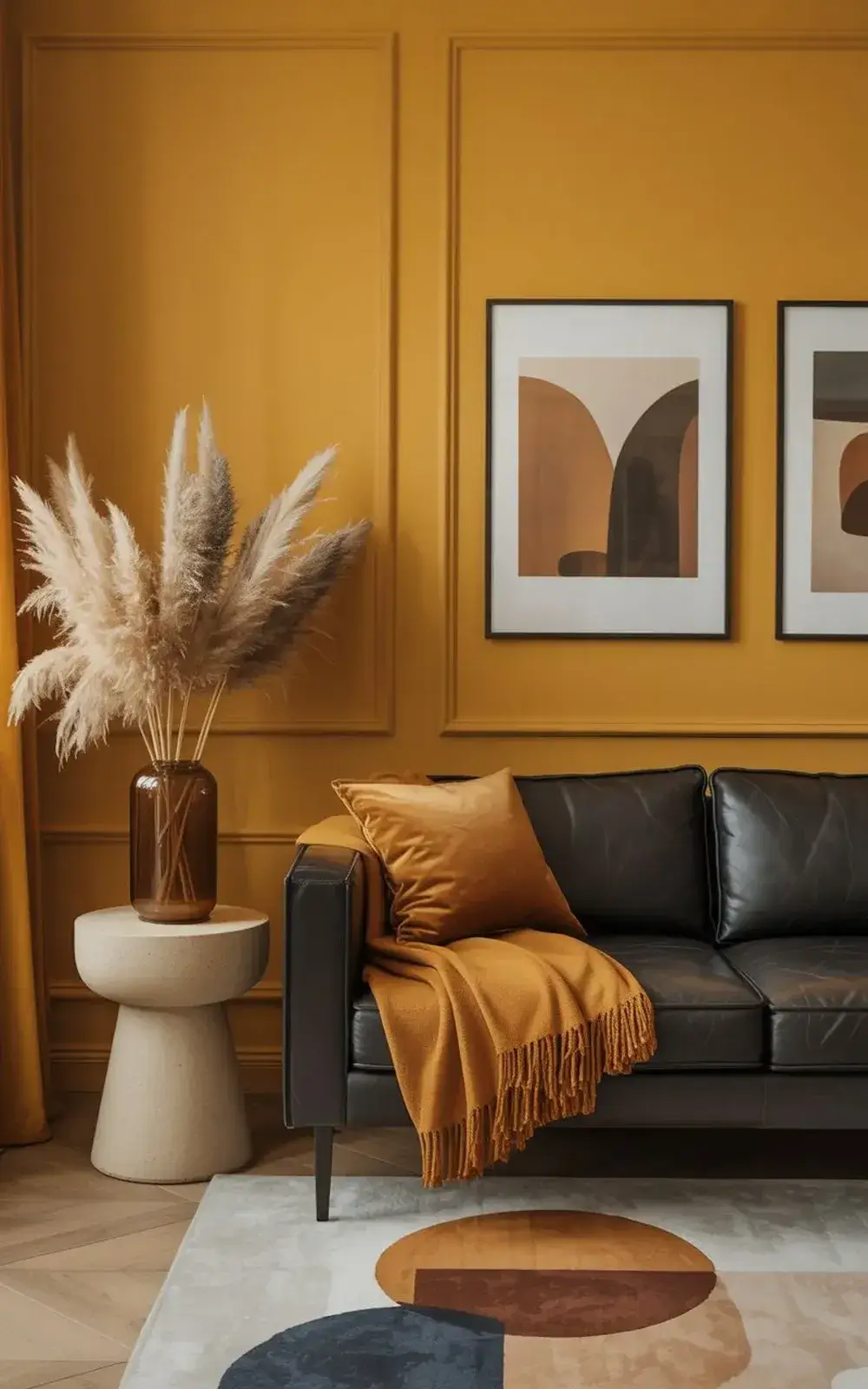 A black leather sofa with brown and tan pillows beside a vase with pampas grass on a modern rug.