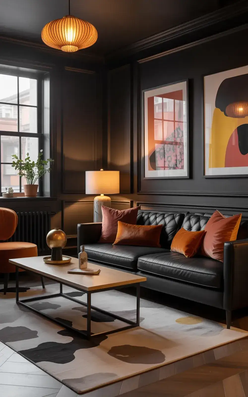 Cozy living room with dark leather sofa, colorful pillows, a coffee table with decor, artworks on the wall, and large windows.