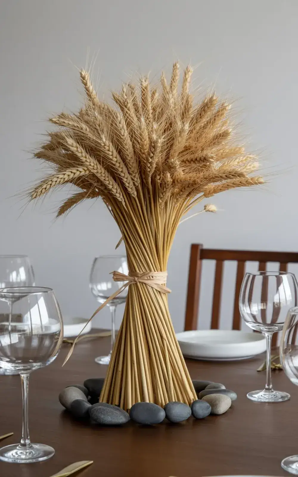 A bundled wheat arrangement tied with ribbon and surrounded by smooth stones on a dining table