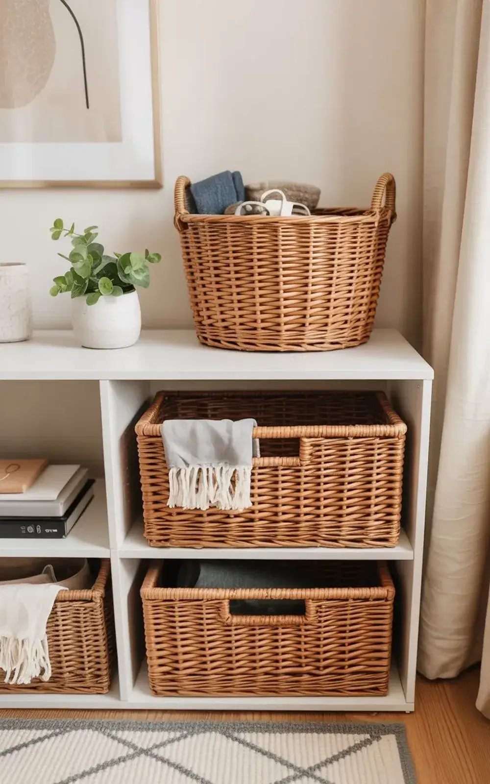 Wicker baskets on white shelves holding linens and a small plant in a white pot.